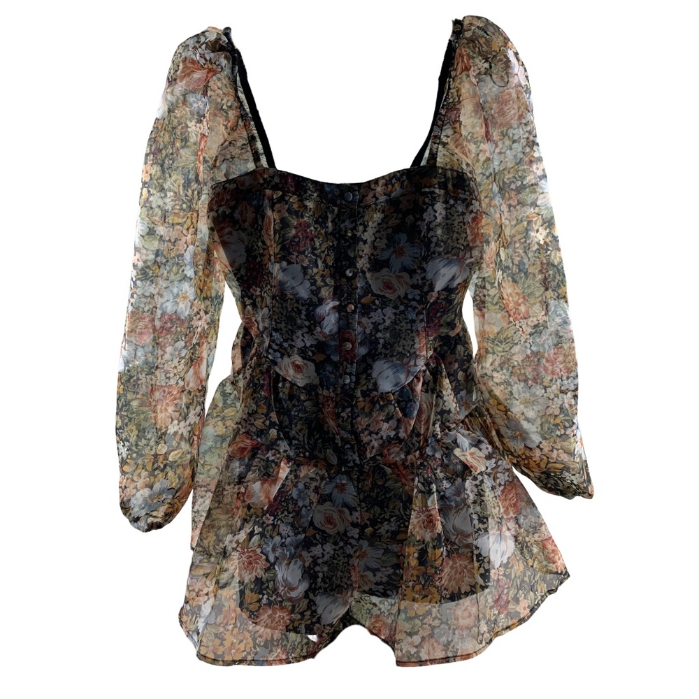 VICI Floral Organza Puff Sleeves Romper Women XS Whimsigoth Coquette Romantic
